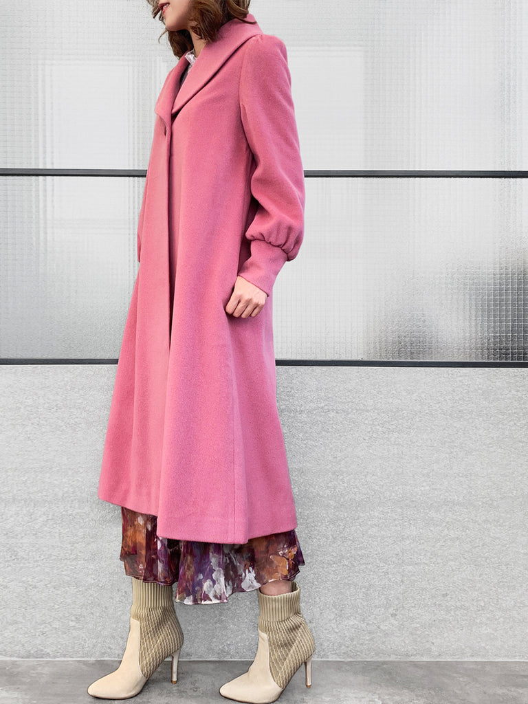 驚喜促銷!浪漫粉紅一扣束口袖純羊毛大衣