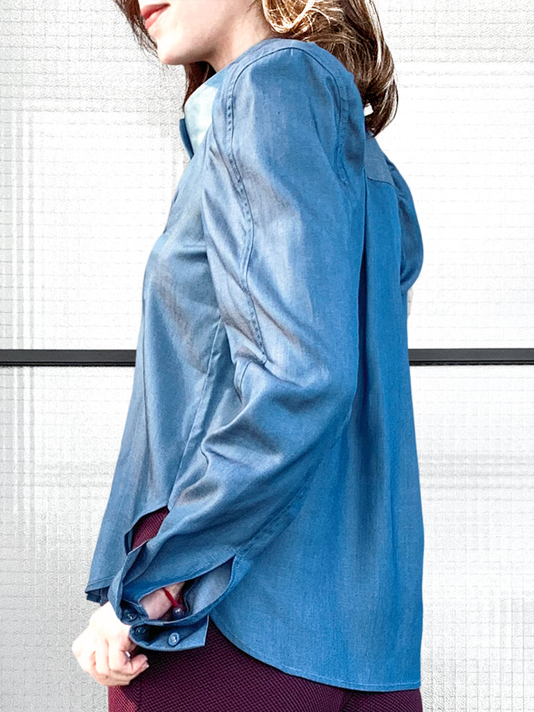 驚喜促銷!深色牛仔褲正面褶皺泡泡袖紐扣天絲混紡襯衫