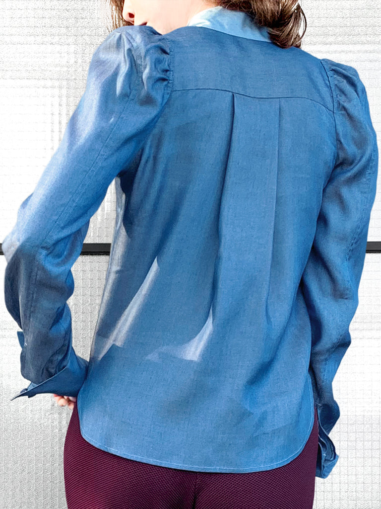 驚喜促銷!深色牛仔褲正面褶皺泡泡袖紐扣天絲混紡襯衫