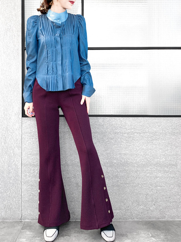 驚喜促銷!深色牛仔褲正面褶皺泡泡袖紐扣天絲混紡襯衫