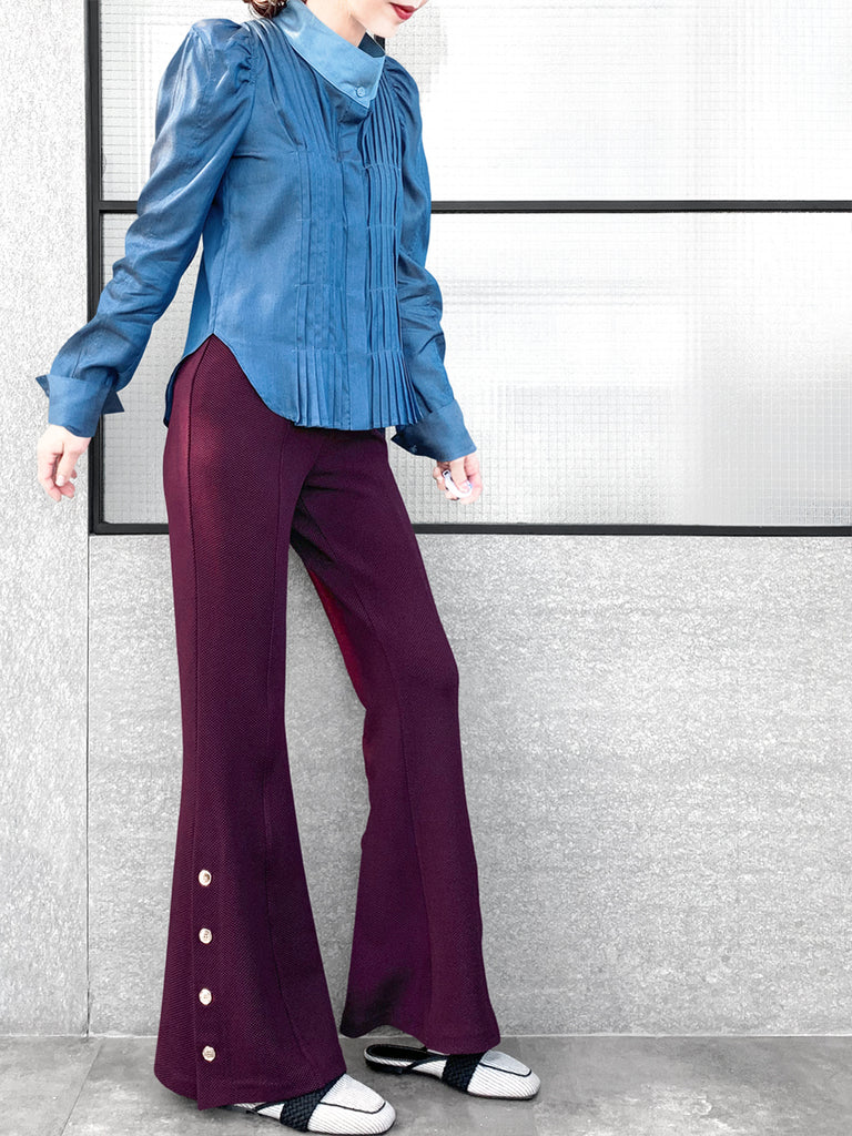 驚喜促銷!深色牛仔褲正面褶皺泡泡袖紐扣天絲混紡襯衫