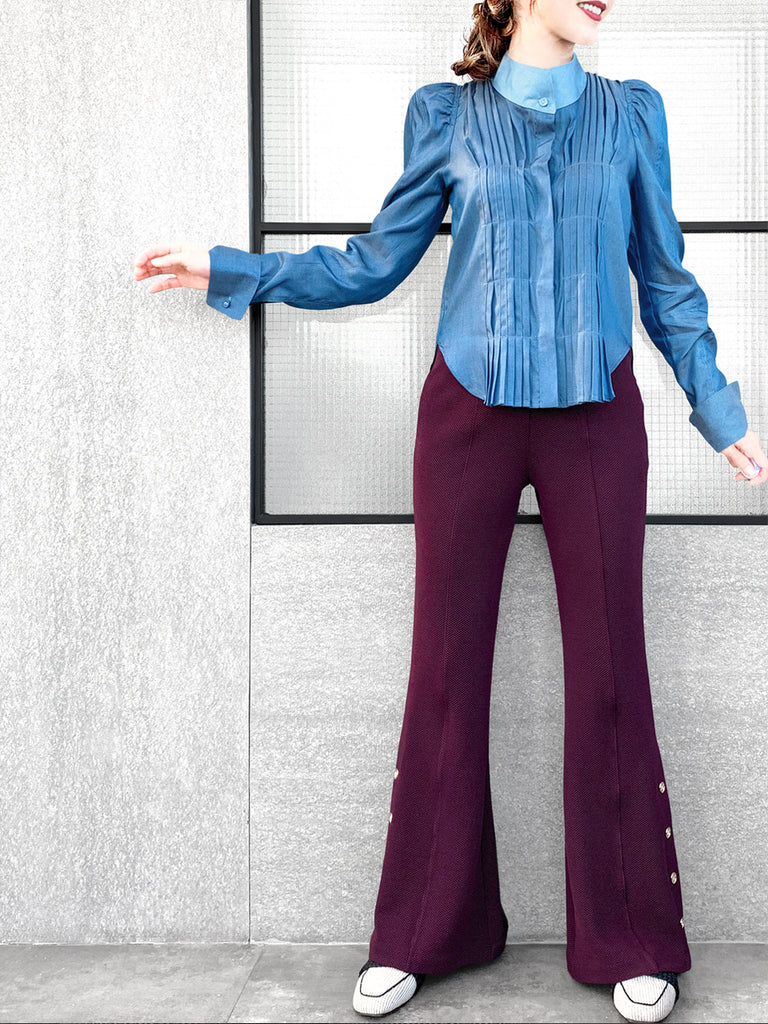 驚喜促銷!深色牛仔褲正面褶皺泡泡袖紐扣天絲混紡襯衫