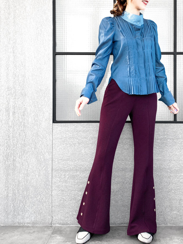 驚喜促銷!深色牛仔褲正面褶皺泡泡袖紐扣天絲混紡襯衫