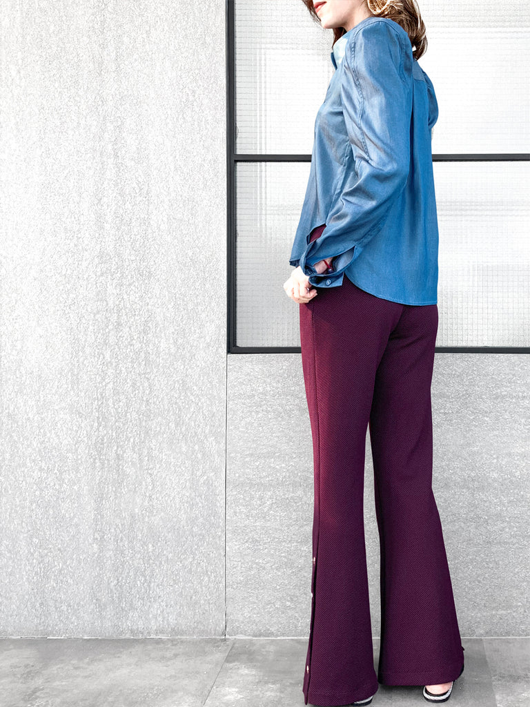 驚喜促銷!深色牛仔褲正面褶皺泡泡袖紐扣天絲混紡襯衫