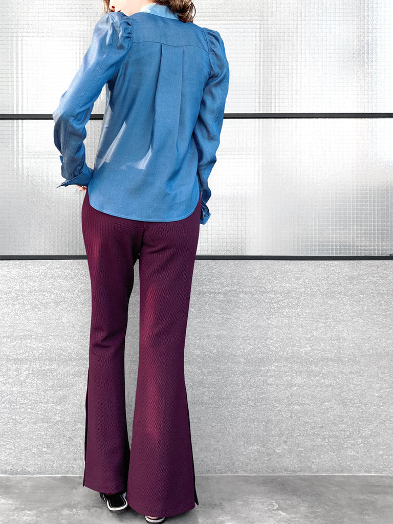 驚喜促銷!深色牛仔褲正面褶皺泡泡袖紐扣天絲混紡襯衫