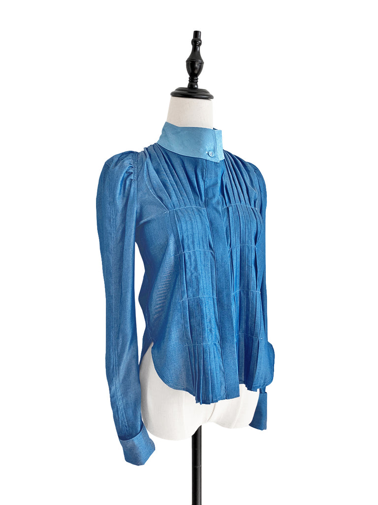 驚喜促銷!深色牛仔褲正面褶皺泡泡袖紐扣天絲混紡襯衫