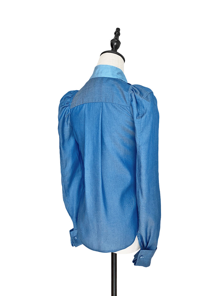 驚喜促銷!深色牛仔褲正面褶皺泡泡袖紐扣天絲混紡襯衫