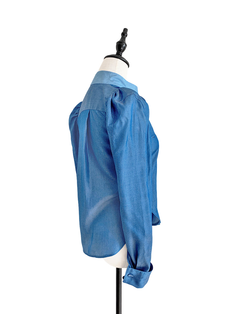 驚喜促銷!深色牛仔褲正面褶皺泡泡袖紐扣天絲混紡襯衫