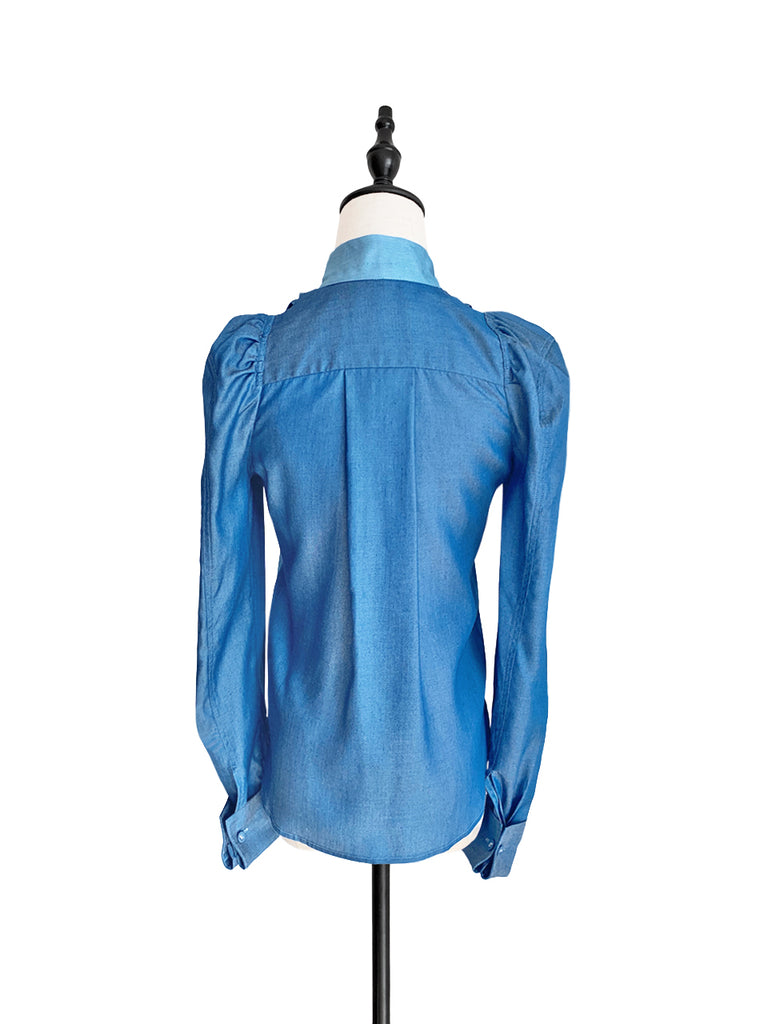 驚喜促銷!深色牛仔褲正面褶皺泡泡袖紐扣天絲混紡襯衫