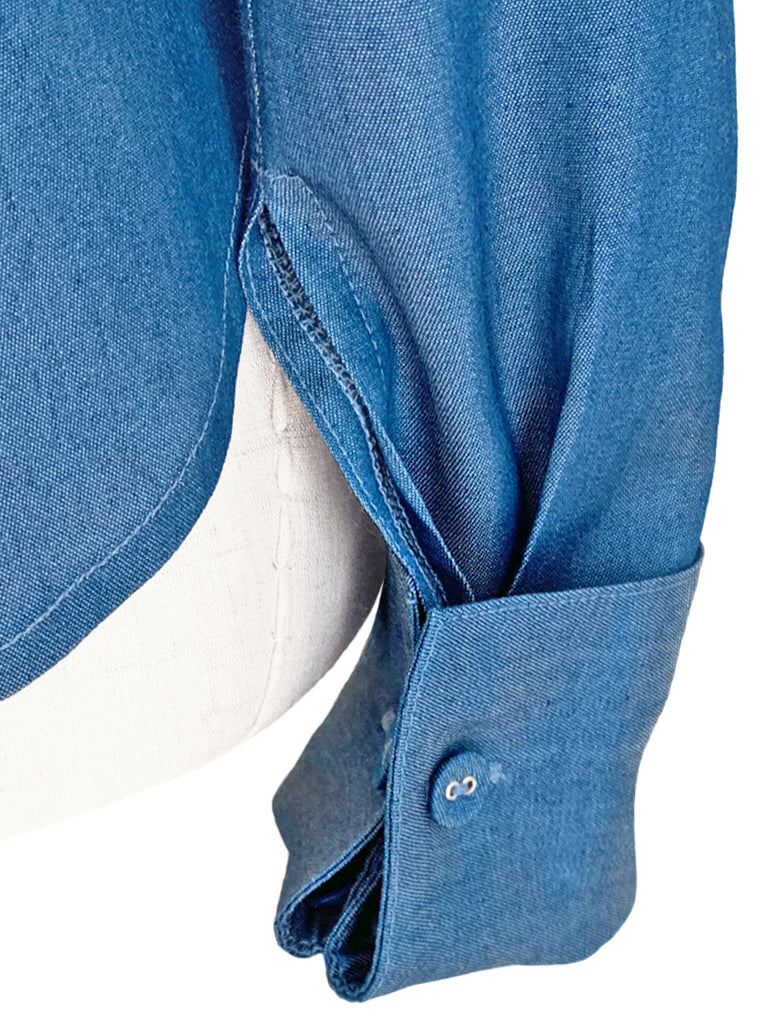 驚喜促銷!深色牛仔褲正面褶皺泡泡袖紐扣天絲混紡襯衫