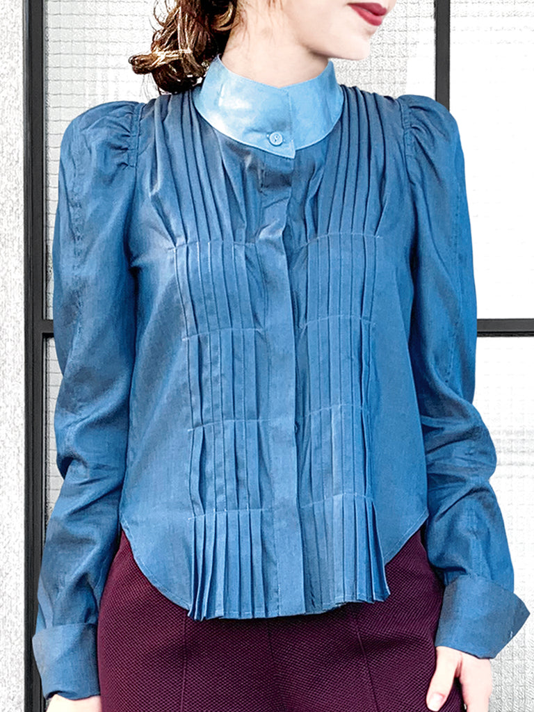 驚喜促銷!深色牛仔褲正面褶皺泡泡袖紐扣天絲混紡襯衫