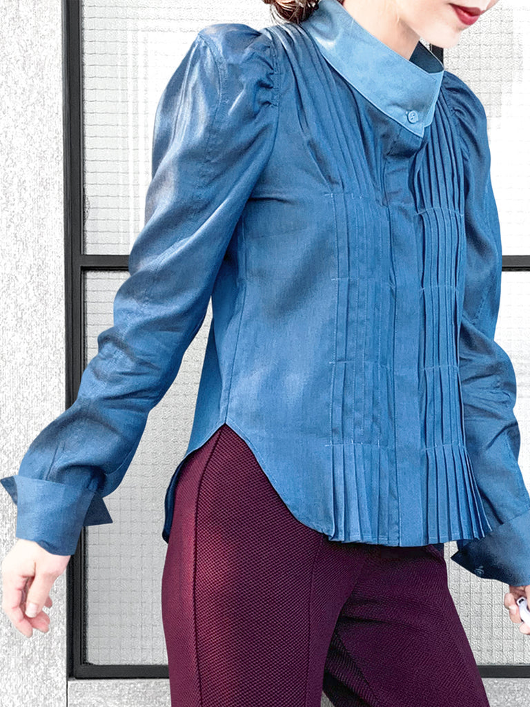 驚喜促銷!深色牛仔褲正面褶皺泡泡袖紐扣天絲混紡襯衫