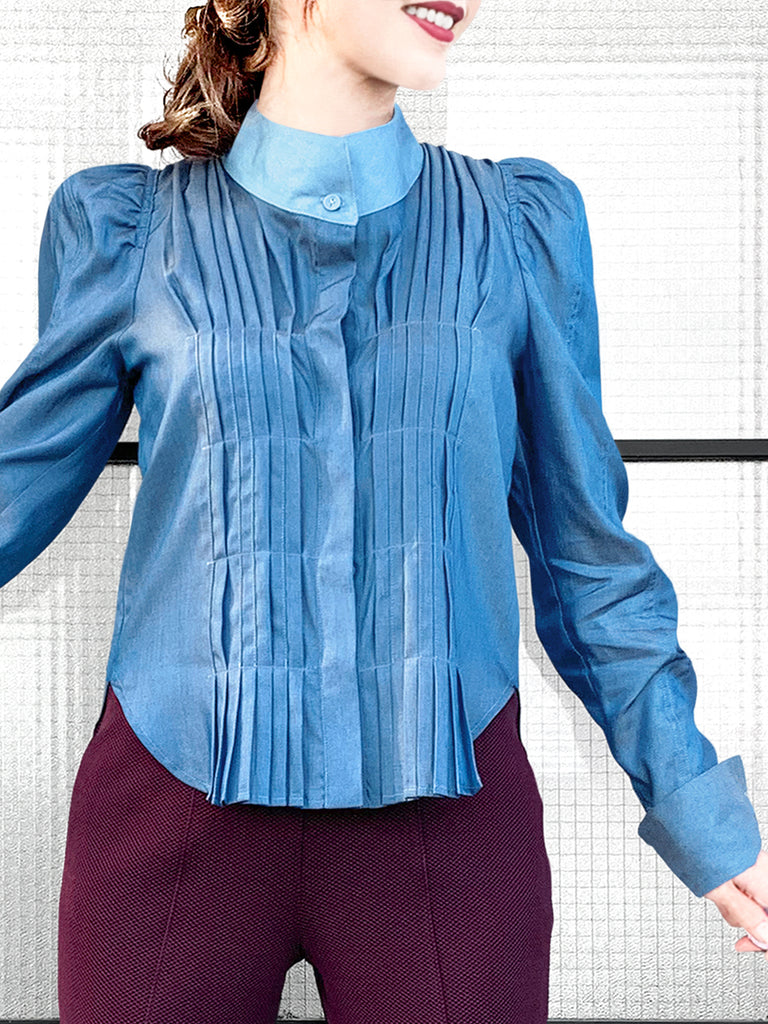 驚喜促銷!深色牛仔褲正面褶皺泡泡袖紐扣天絲混紡襯衫