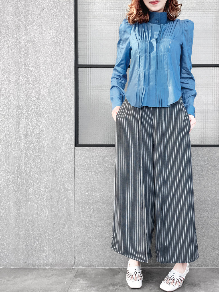 Surprise Sale! Light Denim Pleat Front Puff Sleeve Button-Up Tencel Blend Shirt