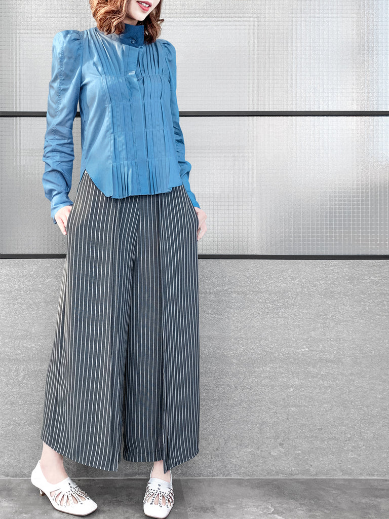 Surprise Sale! Light Denim Pleat Front Puff Sleeve Button-Up Tencel Blend Shirt