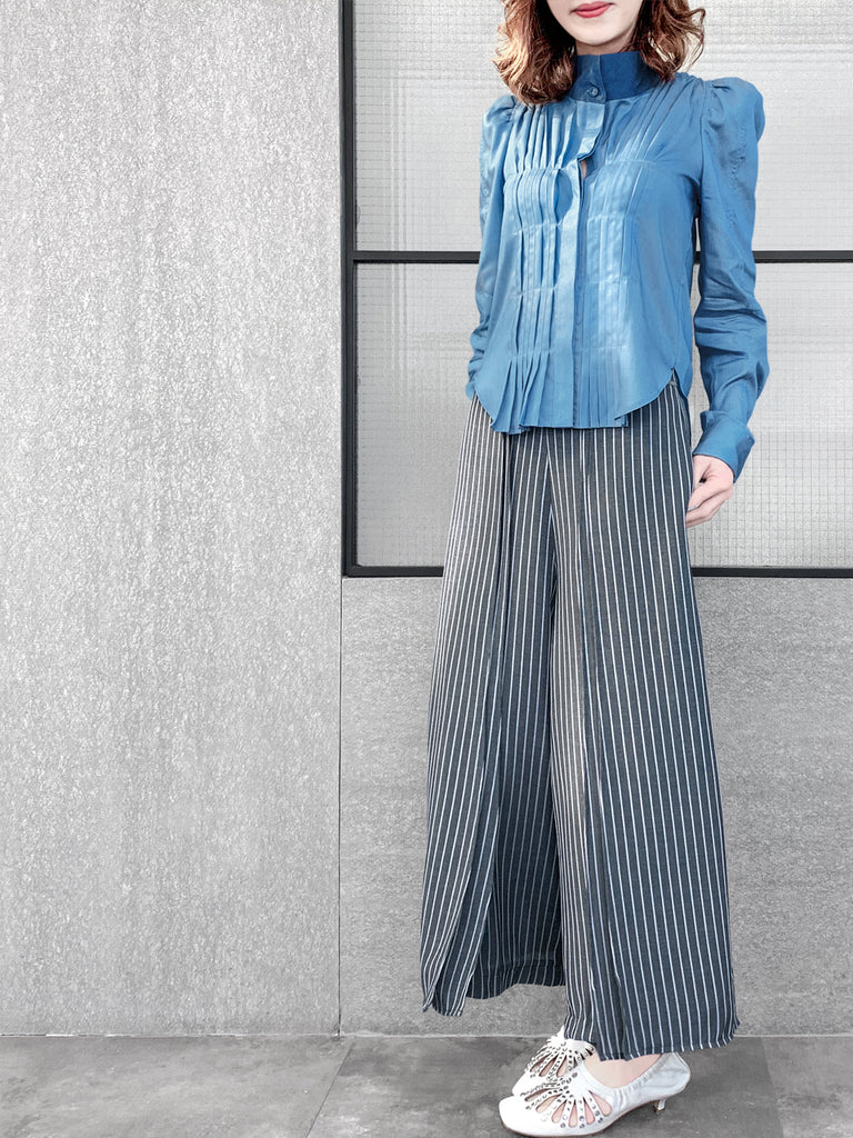 Surprise Sale! Light Denim Pleat Front Puff Sleeve Button-Up Tencel Blend Shirt