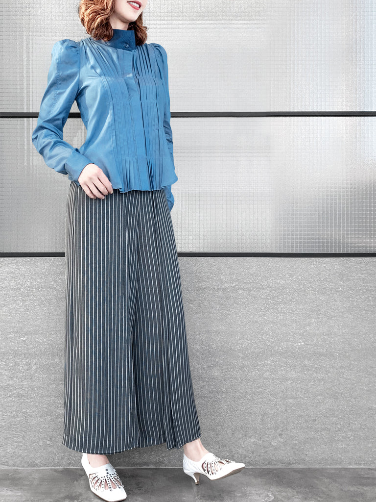 Surprise Sale! Light Denim Pleat Front Puff Sleeve Button-Up Tencel Blend Shirt