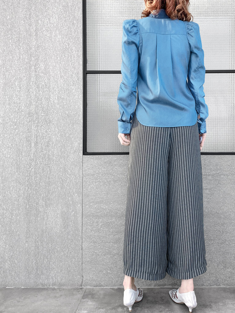 Surprise Sale! Light Denim Pleat Front Puff Sleeve Button-Up Tencel Blend Shirt