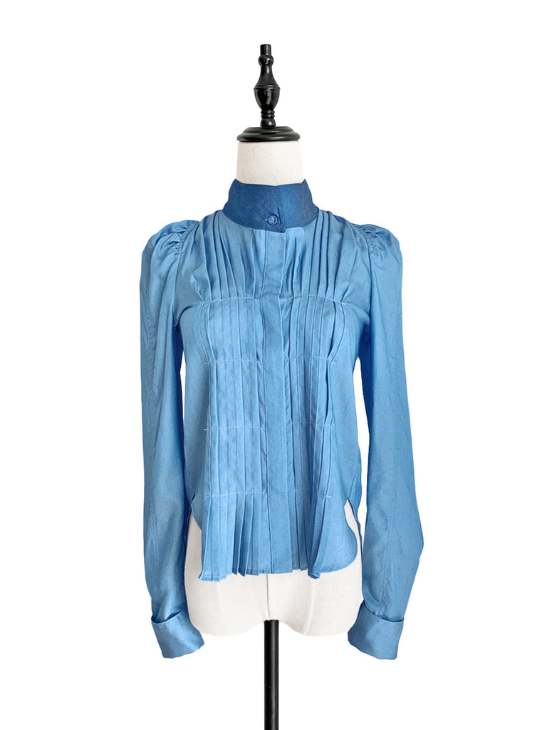 Surprise Sale! Light Denim Pleat Front Puff Sleeve Button-Up Tencel Blend Shirt
