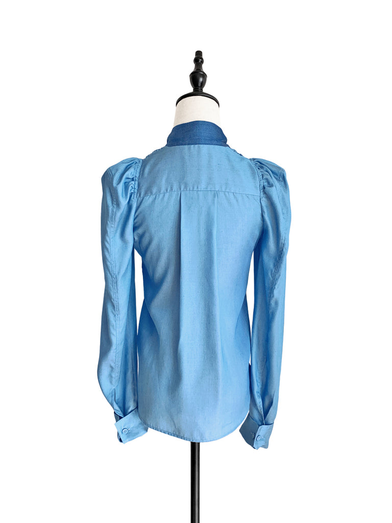 Surprise Sale! Light Denim Pleat Front Puff Sleeve Button-Up Tencel Blend Shirt