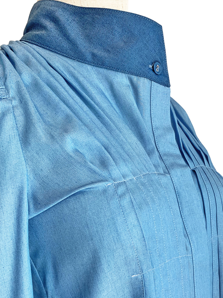 Surprise Sale! Light Denim Pleat Front Puff Sleeve Button-Up Tencel Blend Shirt