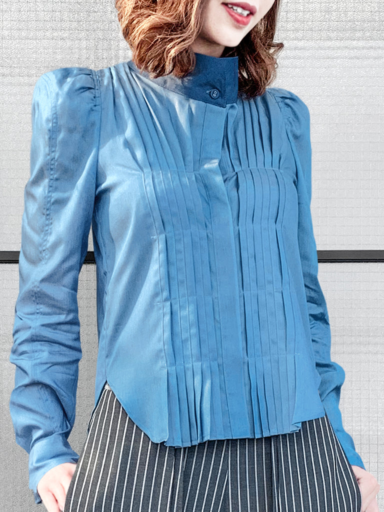 Surprise Sale! Light Denim Pleat Front Puff Sleeve Button-Up Tencel Blend Shirt