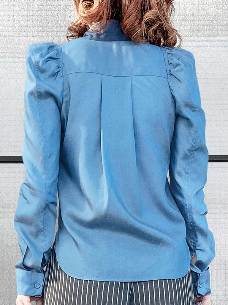 Surprise Sale! Light Denim Pleat Front Puff Sleeve Button-Up Tencel Blend Shirt