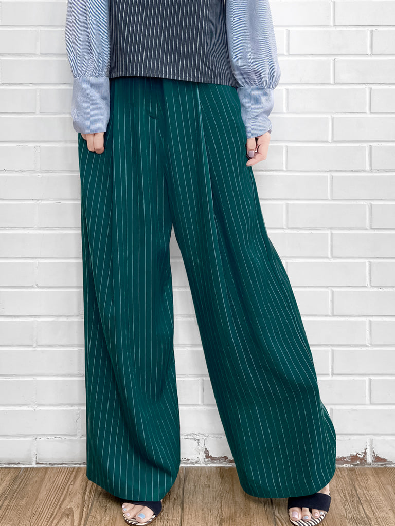 Last Chance! Forest Green Pinstripe Pleated Front Wide Leg Trousers