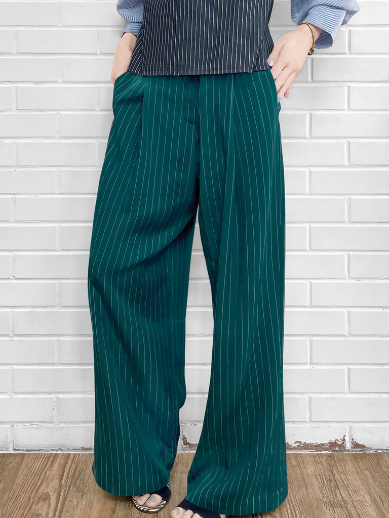 Last Chance! Forest Green Pinstripe Pleated Front Wide Leg Trousers