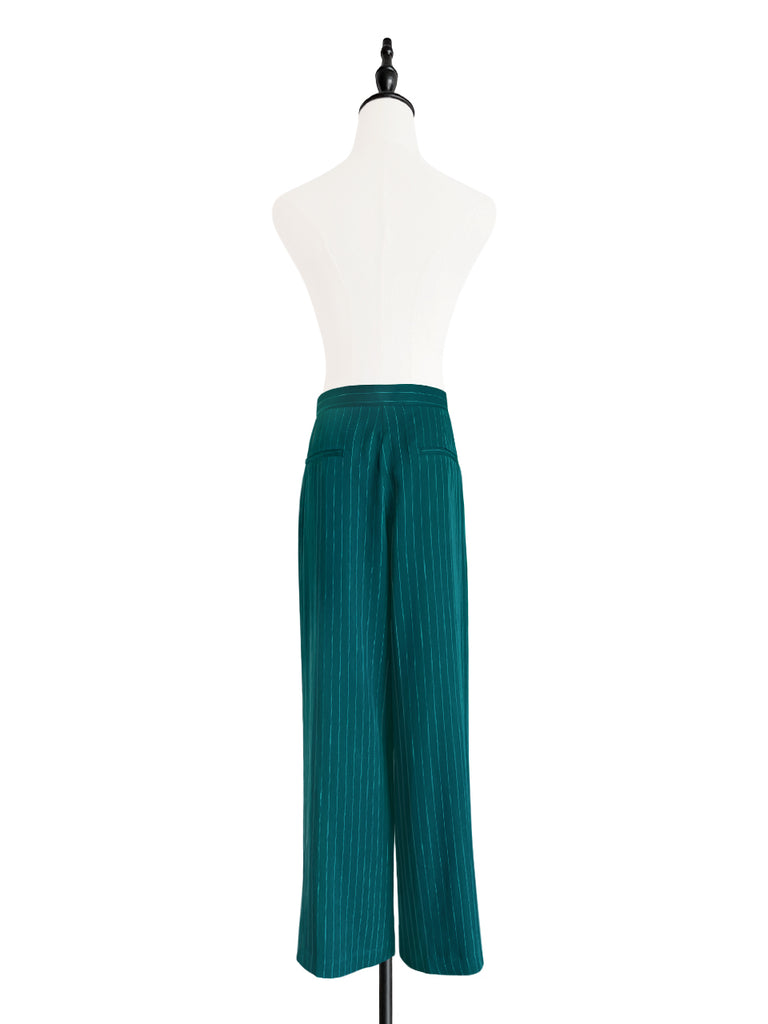 Last Chance! Forest Green Pinstripe Pleated Front Wide Leg Trousers