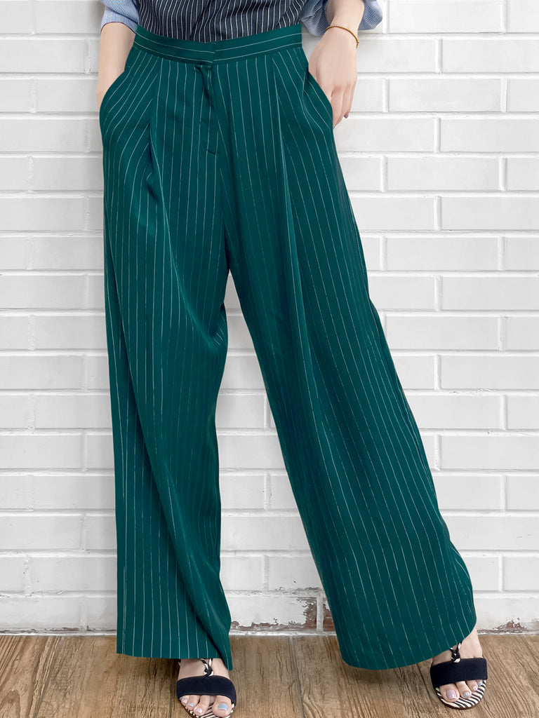Last Chance! Forest Green Pinstripe Pleated Front Wide Leg Trousers