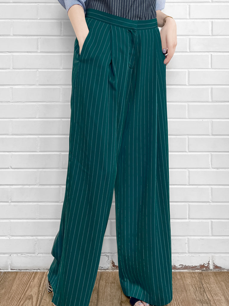 Last Chance! Forest Green Pinstripe Pleated Front Wide Leg Trousers