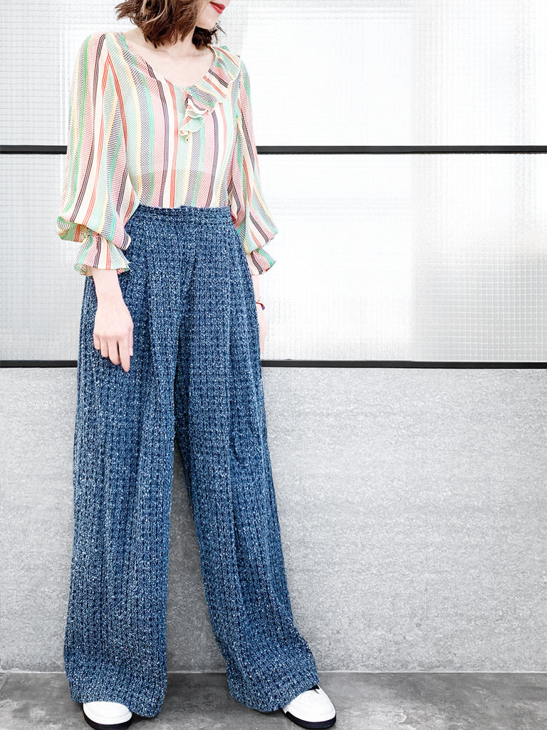 驚喜促銷!混合條紋圓點開衩袖輕質絲質荷葉邊襯衫