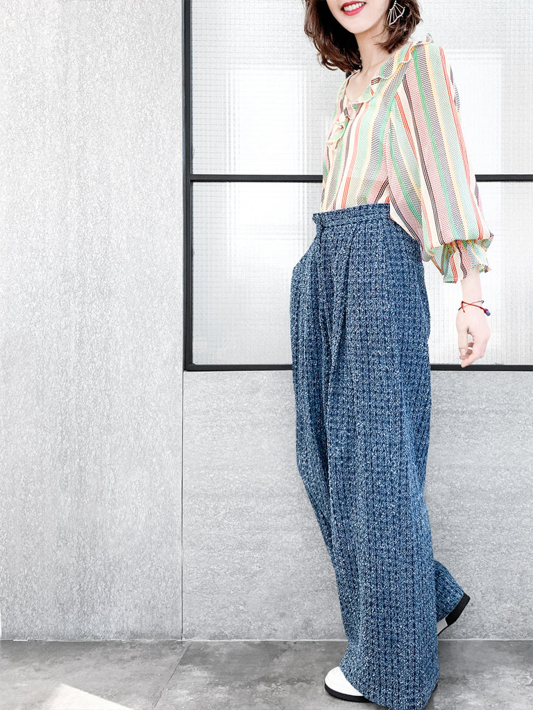 驚喜促銷!混合條紋圓點開衩袖輕質絲質荷葉邊襯衫