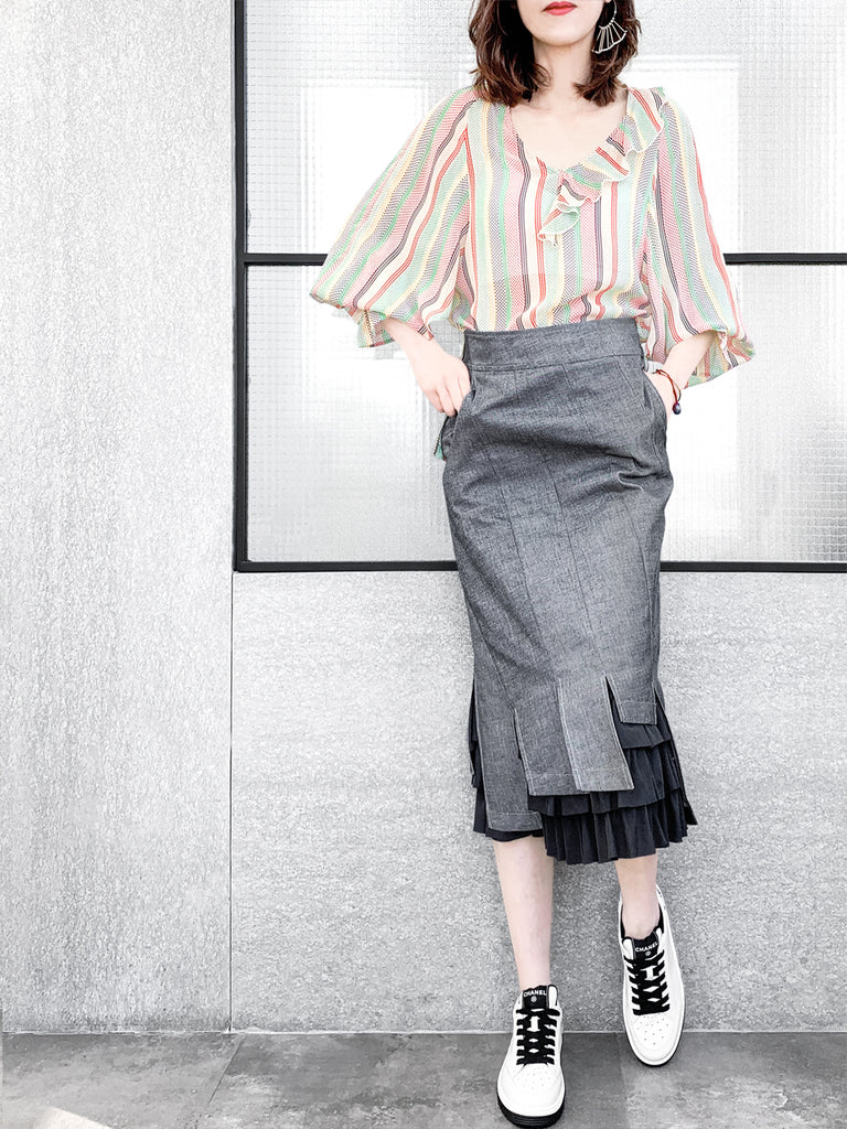 驚喜促銷!混合條紋圓點開衩袖輕質絲質荷葉邊襯衫