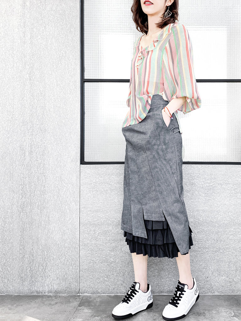 驚喜促銷!混合條紋圓點開衩袖輕質絲質荷葉邊襯衫