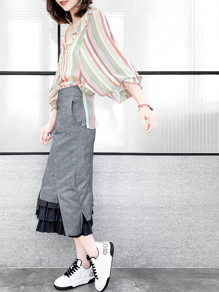 驚喜促銷!混合條紋圓點開衩袖輕質絲質荷葉邊襯衫