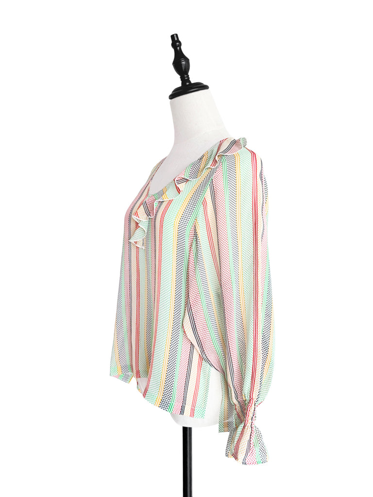 驚喜促銷!混合條紋圓點開衩袖輕質絲質荷葉邊襯衫