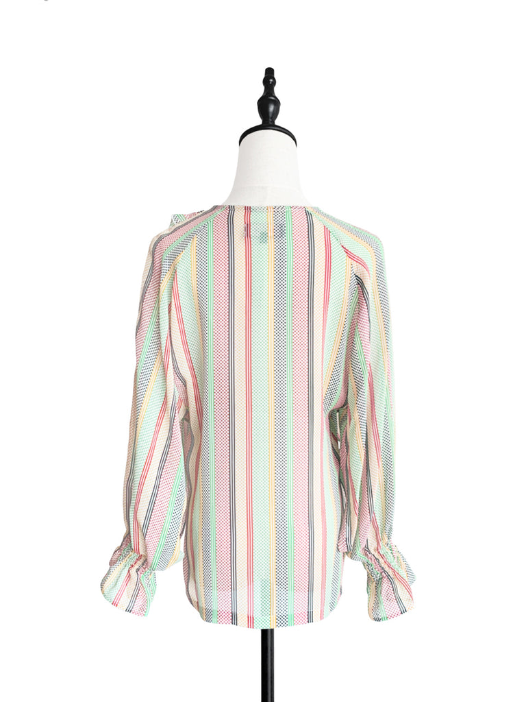 驚喜促銷!混合條紋圓點開衩袖輕質絲質荷葉邊襯衫