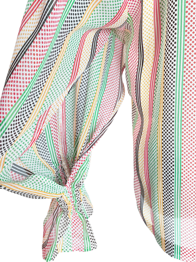 驚喜促銷!混合條紋圓點開衩袖輕質絲質荷葉邊襯衫