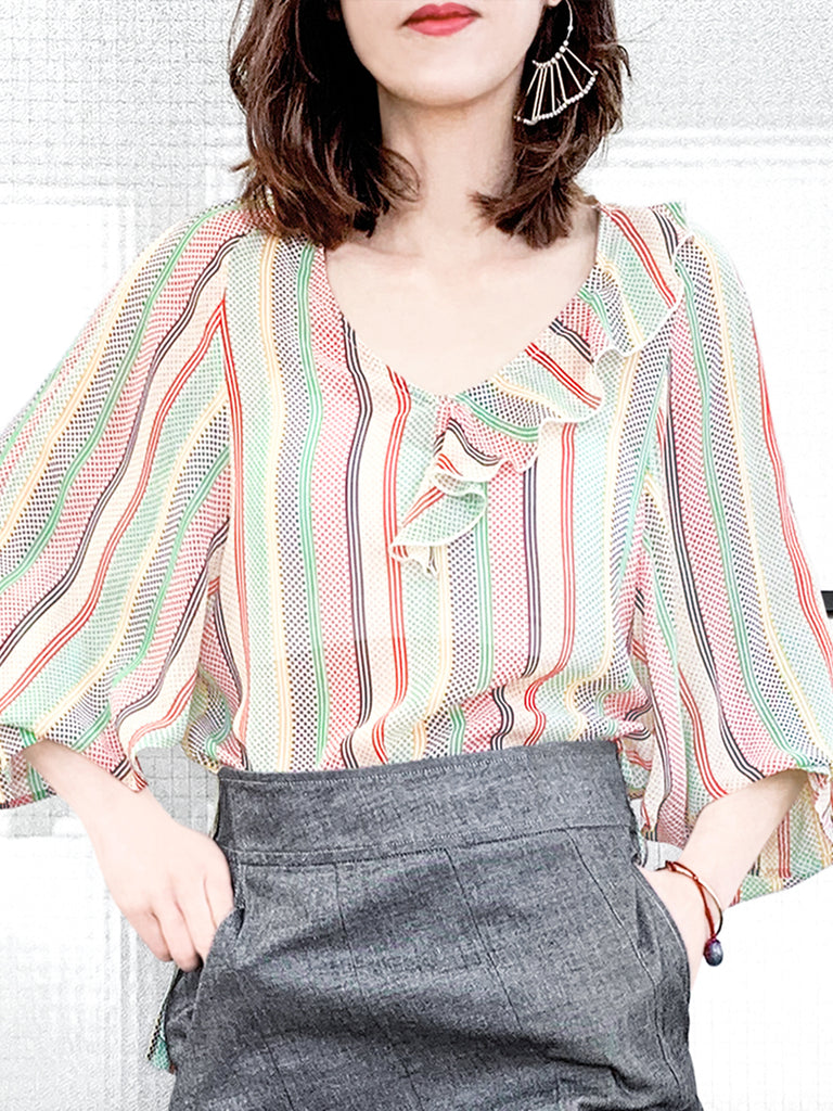 驚喜促銷!混合條紋圓點開衩袖輕質絲質荷葉邊襯衫