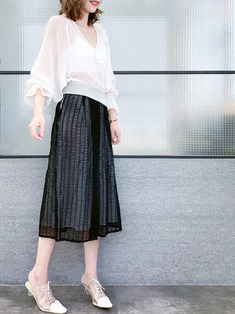 Surprise Sale! White Textural Pattern Slit Sleeve Satin Silky Ruffle Blouse