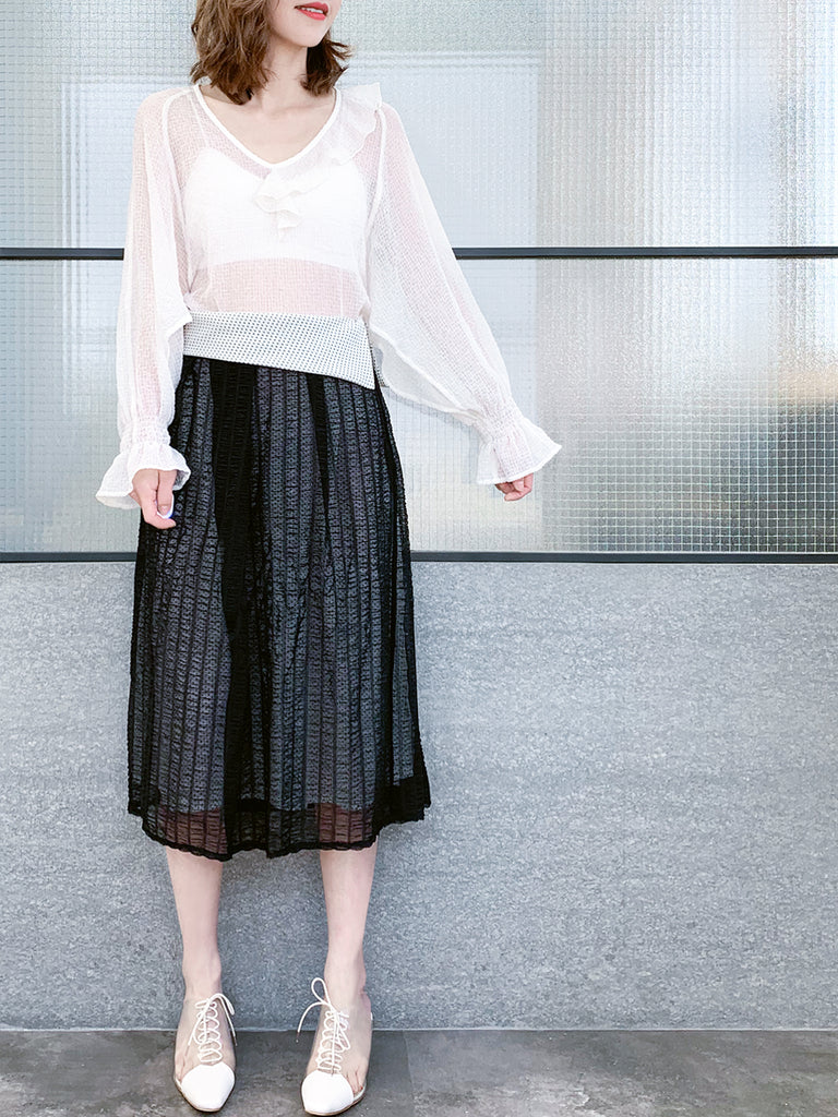 Surprise Sale! White Textural Pattern Slit Sleeve Satin Silky Ruffle Blouse