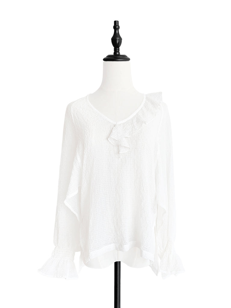 Surprise Sale! White Textural Pattern Slit Sleeve Satin Silky Ruffle Blouse