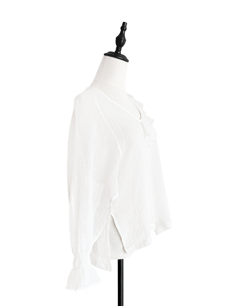 Surprise Sale! White Textural Pattern Slit Sleeve Satin Silky Ruffle Blouse