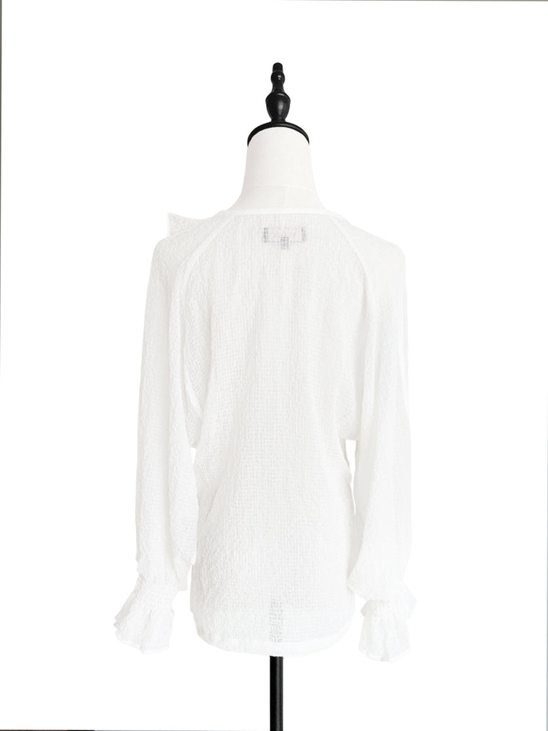 Surprise Sale! White Textural Pattern Slit Sleeve Satin Silky Ruffle Blouse