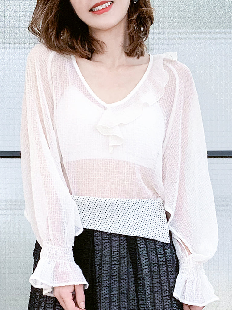 Surprise Sale! White Textural Pattern Slit Sleeve Satin Silky Ruffle Blouse