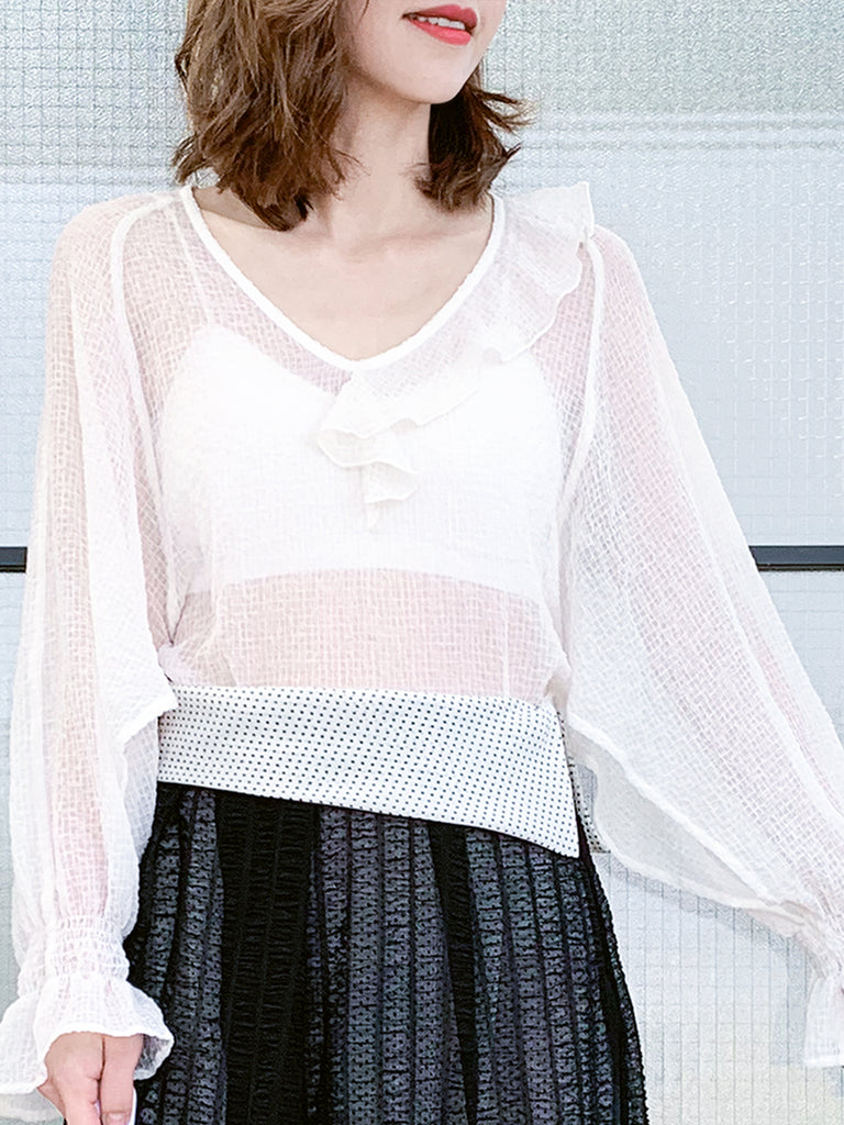 Surprise Sale! White Textural Pattern Slit Sleeve Satin Silky Ruffle Blouse