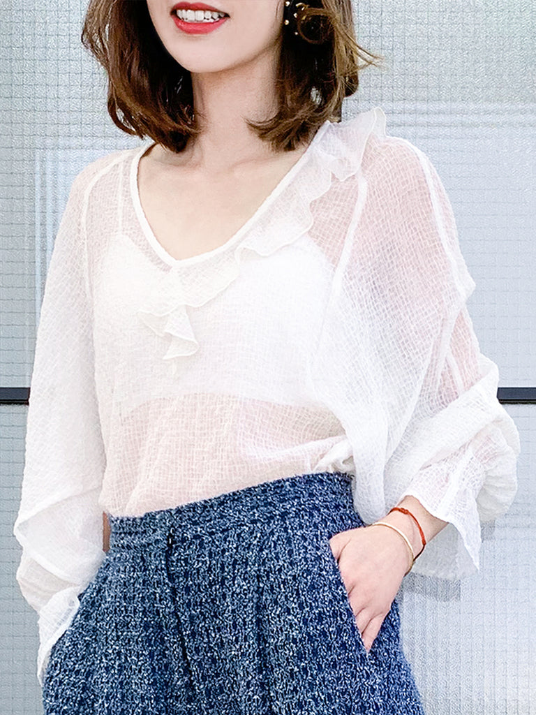 Surprise Sale! White Textural Pattern Slit Sleeve Satin Silky Ruffle Blouse