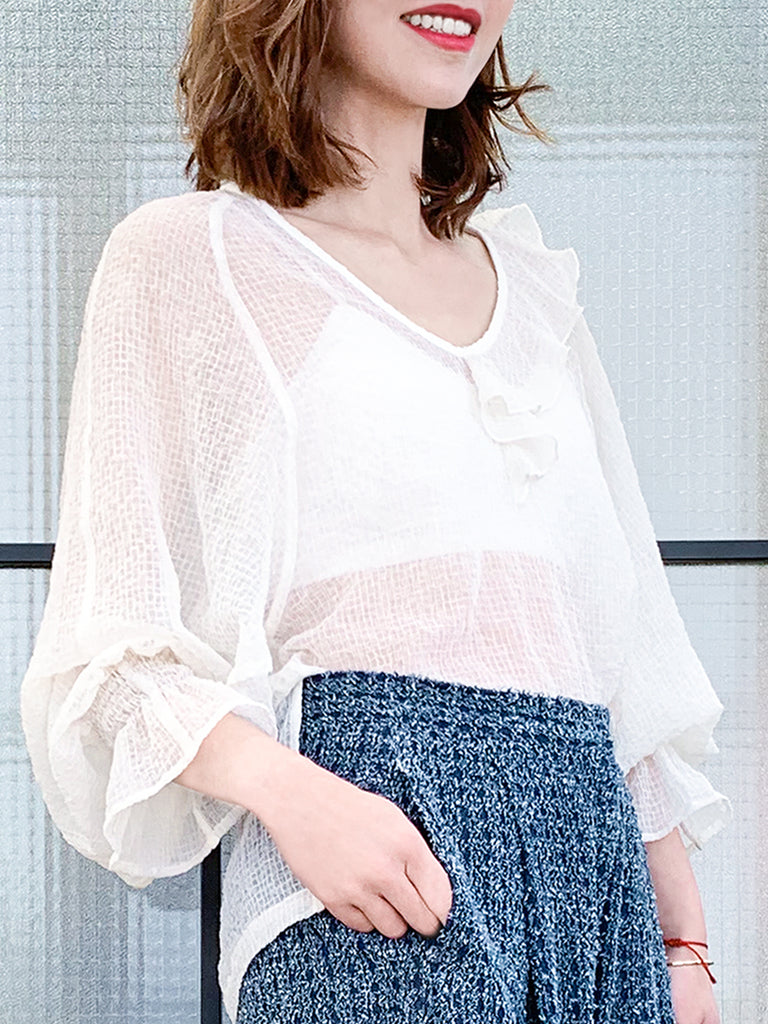 Surprise Sale! White Textural Pattern Slit Sleeve Satin Silky Ruffle Blouse